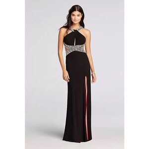 Betsy & Adam haltered jersey prom dress with coral lining sz 0